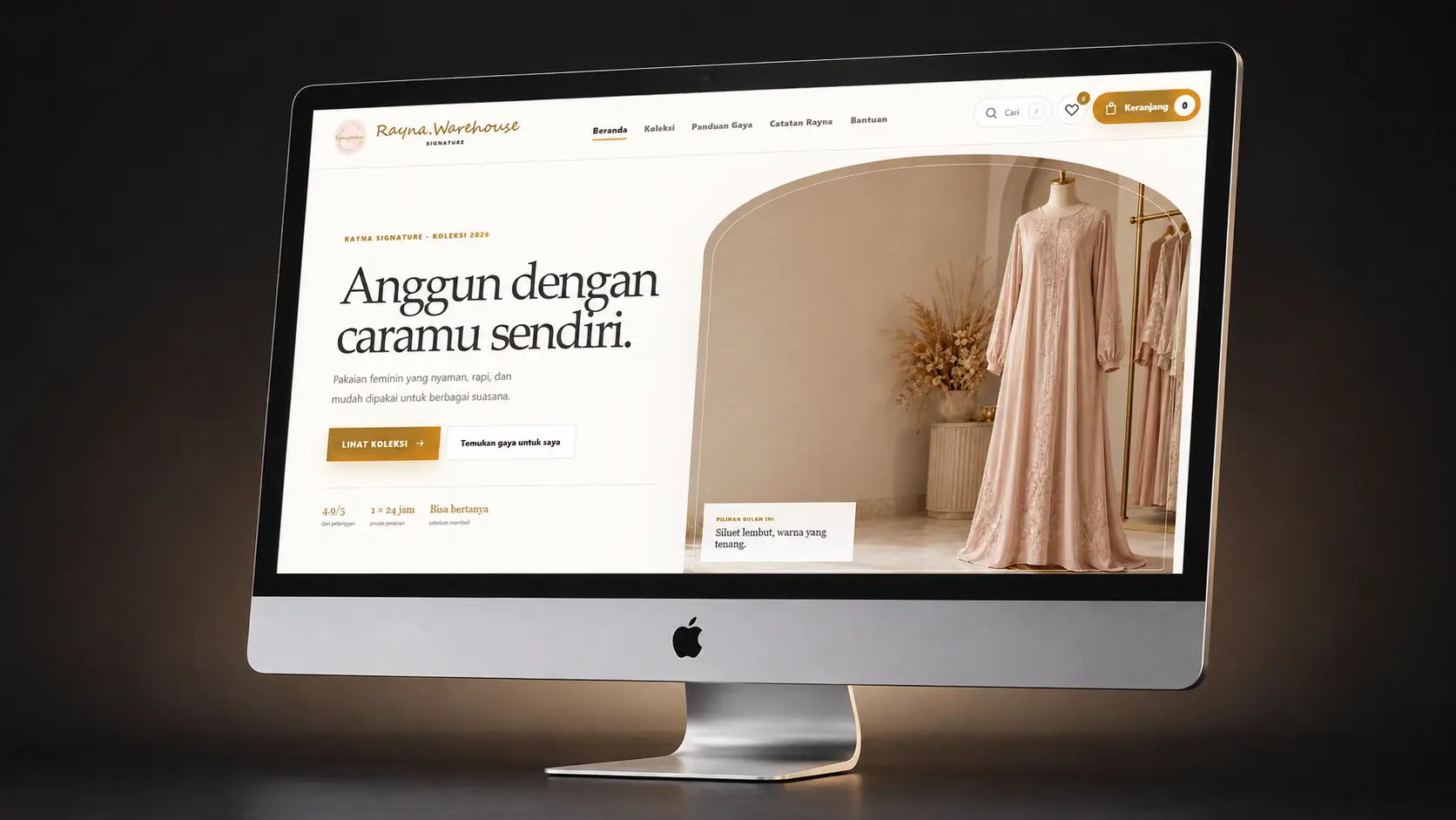 Mockup iMac Rayna Warehouse Signature dengan tampilan homepage asli
